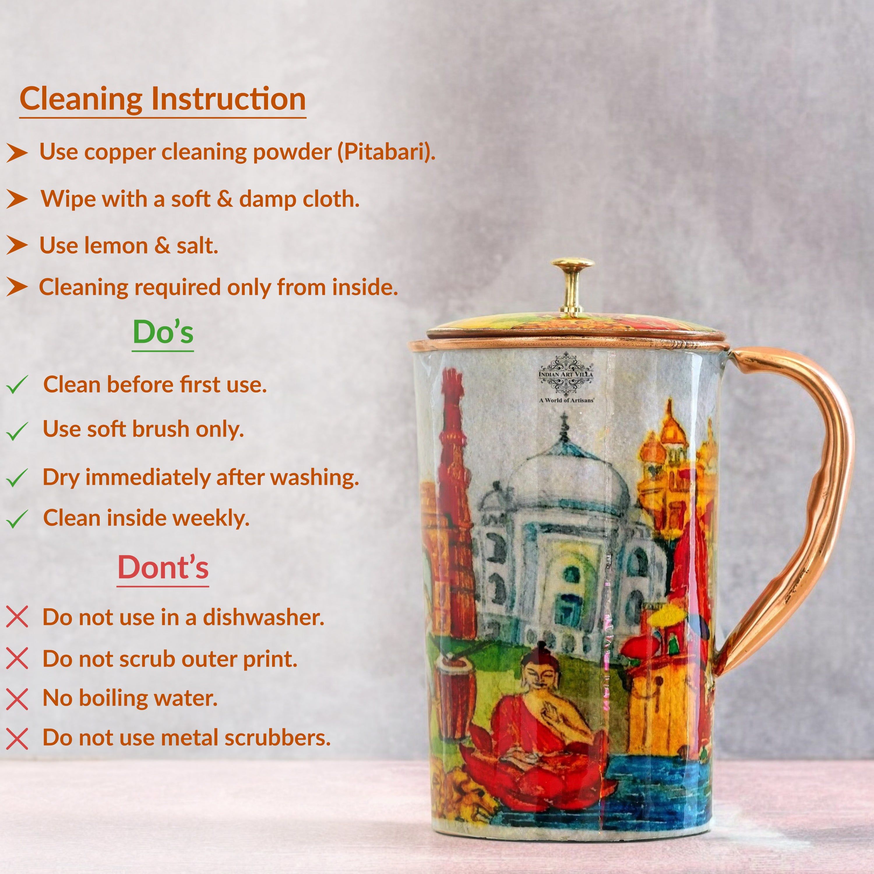 Pure copper printed jug padharo mhare desh design indiatour, 2000 ML